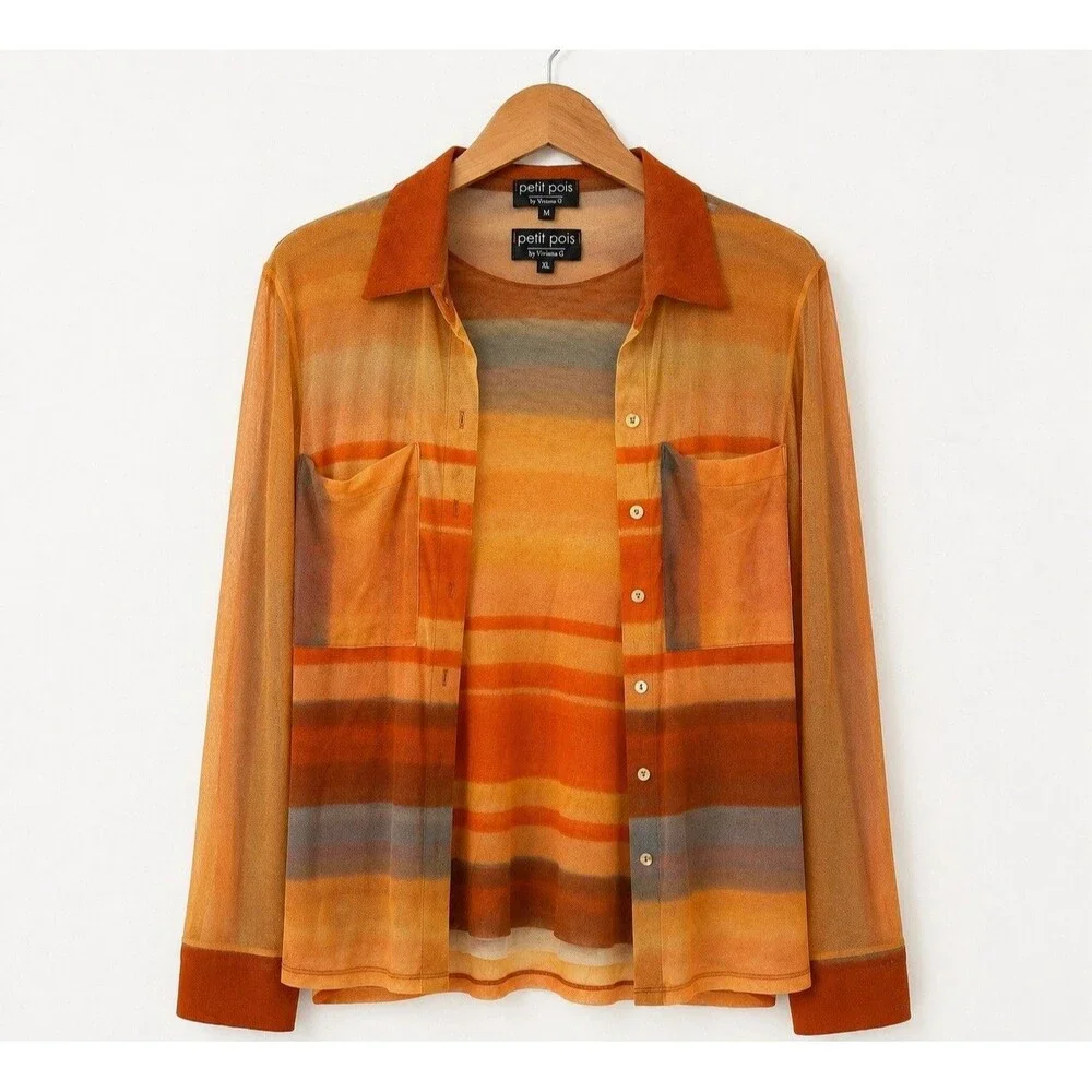 Petit Pois by Viviana G Mesh Top Orange 2 Piece Long Sleeve Top Artsy Y2K USA